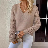 Damen Strickpullover mit V-Ausschnitt und gehäkelten Ärmeln WW