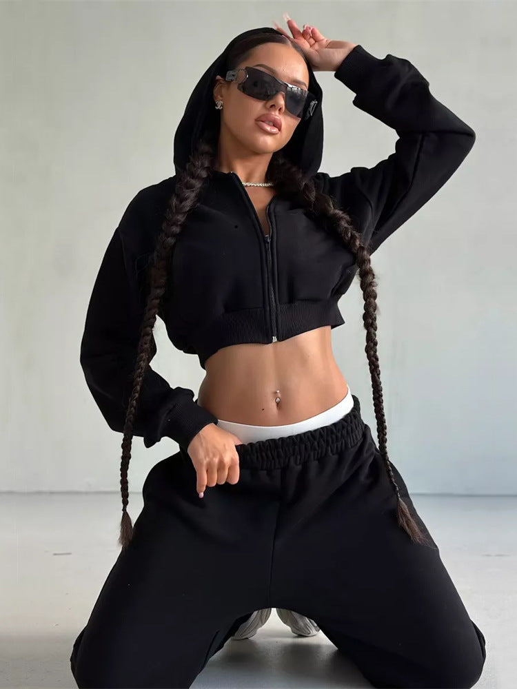 Damen sportliches Cropped Oberteil und weite Freizeithosen Set WW
