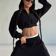 Damen sportliches Cropped Oberteil und weite Freizeithosen Set WW