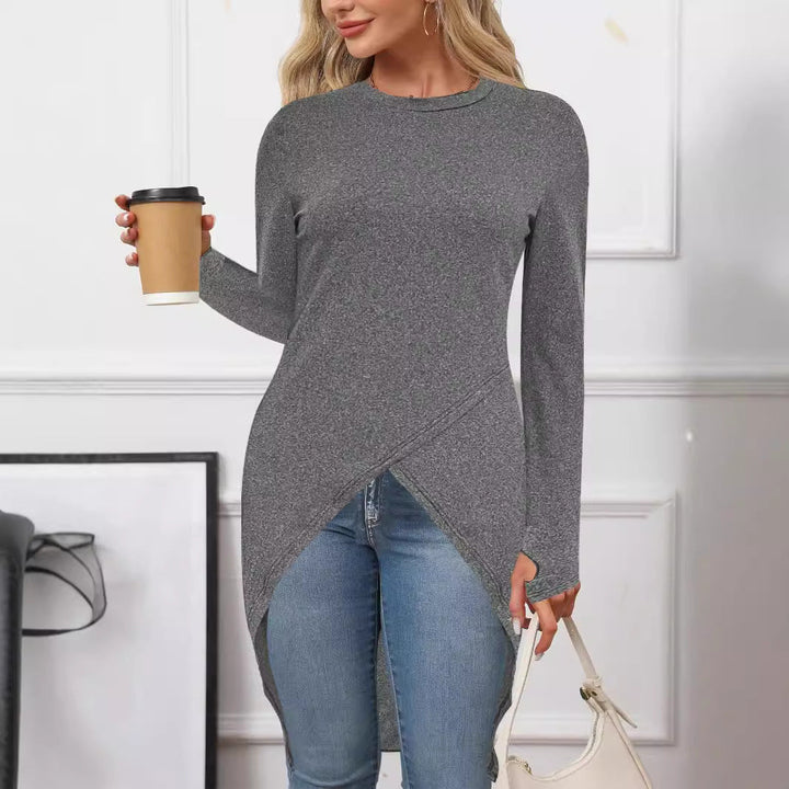 Damen asymmetrisches Long-Tunika Oberteil mit raffiniertem Wickeldesign W&W Mode