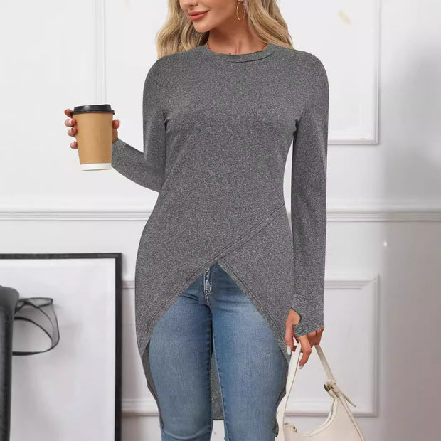 Damen asymmetrisches Long-Tunika Oberteil mit raffiniertem Wickeldesign WW