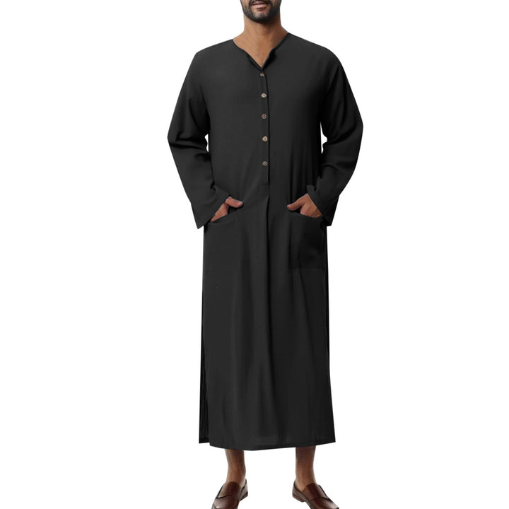 Herren nan weites langes Tunika-Kaftan aus atmungsaktivem Leinen mit Stehkragen Knopfblende und aufgesetzten Taschen W&W Mode