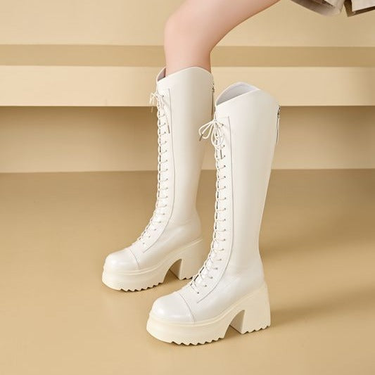 Damen hohe Stiefel mit Schnürung und robustem Absatz