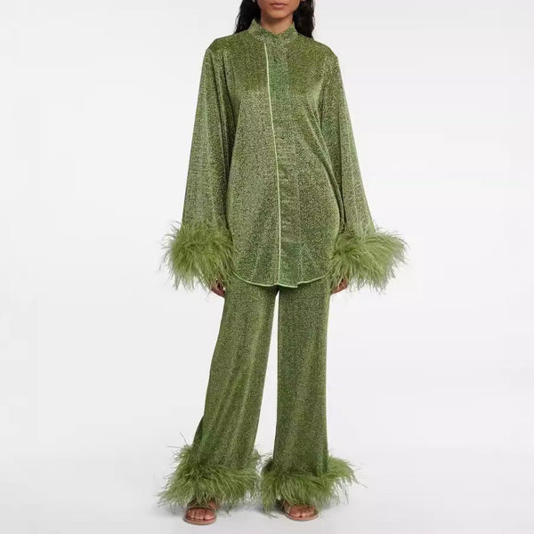 WW | Herbst Winter Feder Stehkragen Langarmoberteil und Hosen Set