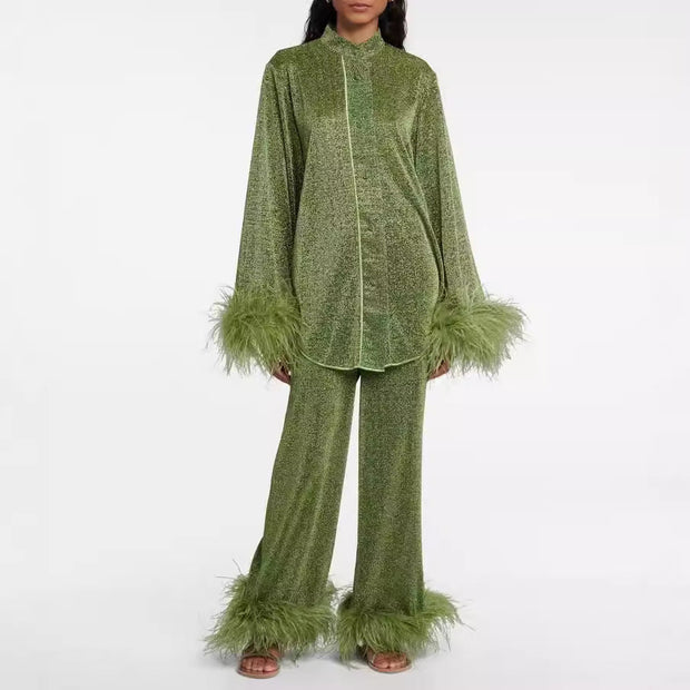 WW | Herbst Winter Feder Stehkragen Langarmoberteil und Hosen Set