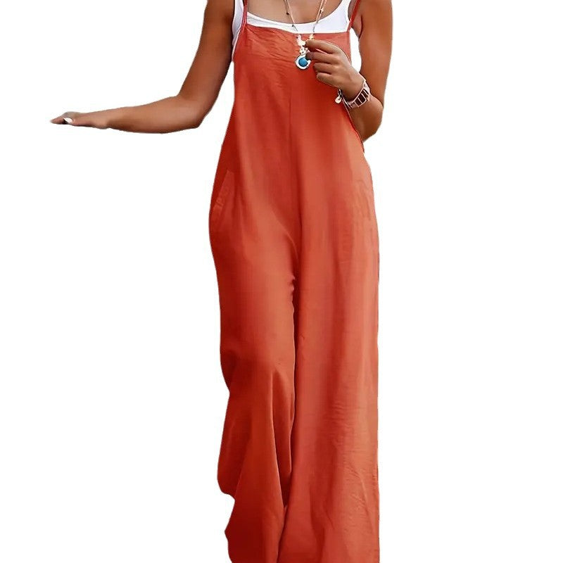 Damen luftiger Jumpsuit mit praktischen Taschen und verstellbaren Trägern WW