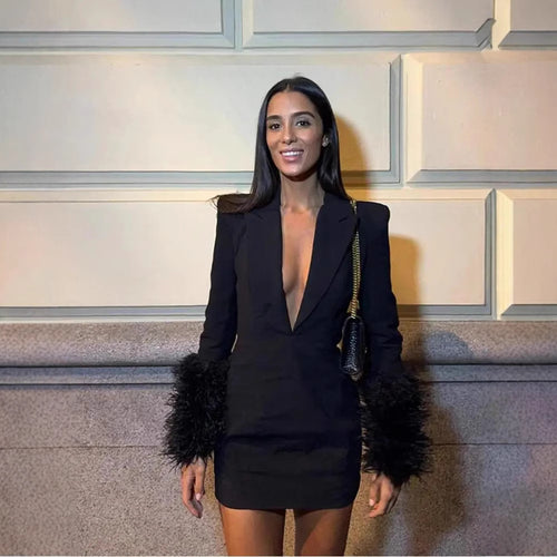 Damen Sexy Minikleid mit tiefem V-Ausschnitt und glamourösen Federärmeln WW