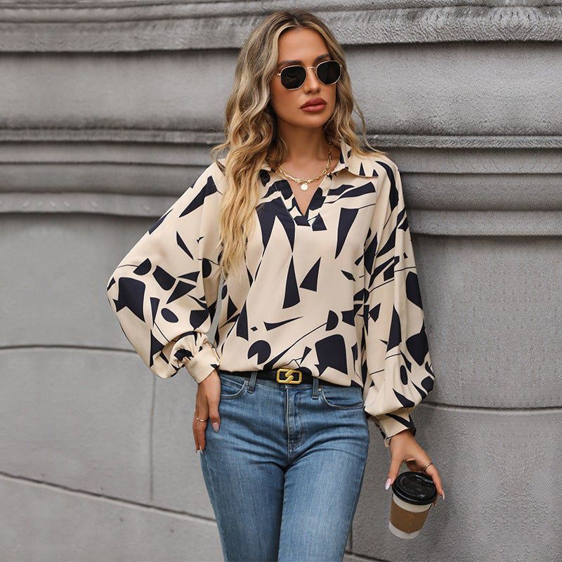 Damen lässige Bluse mit modernem grafischem Druck und voluminösen Ärmeln W&W Mode
