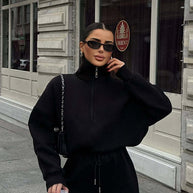 Damen bequemer Fleece-Athleisure-Anzug mit Stehkragen und Reißverschluss WW