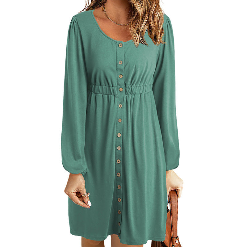 Damen knielanges Kleid mit Knopfdetails und elastischem Taillenzug WW