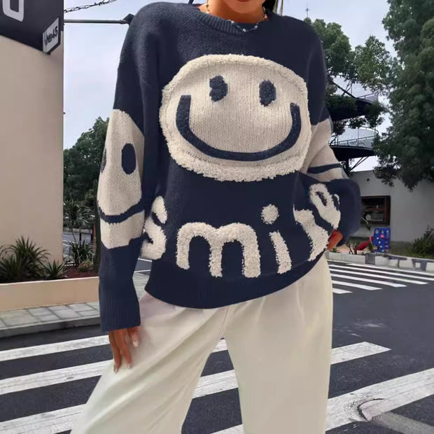 Damen Strickpullover mit fröhlichem Emoji-Motiv und komfortablem Schnitt WW