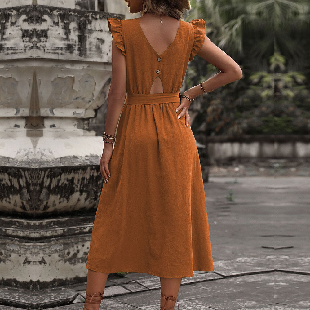 Damen Midi-Kleid mit Rüschendetails und tailliertem Bindegürtel W&W