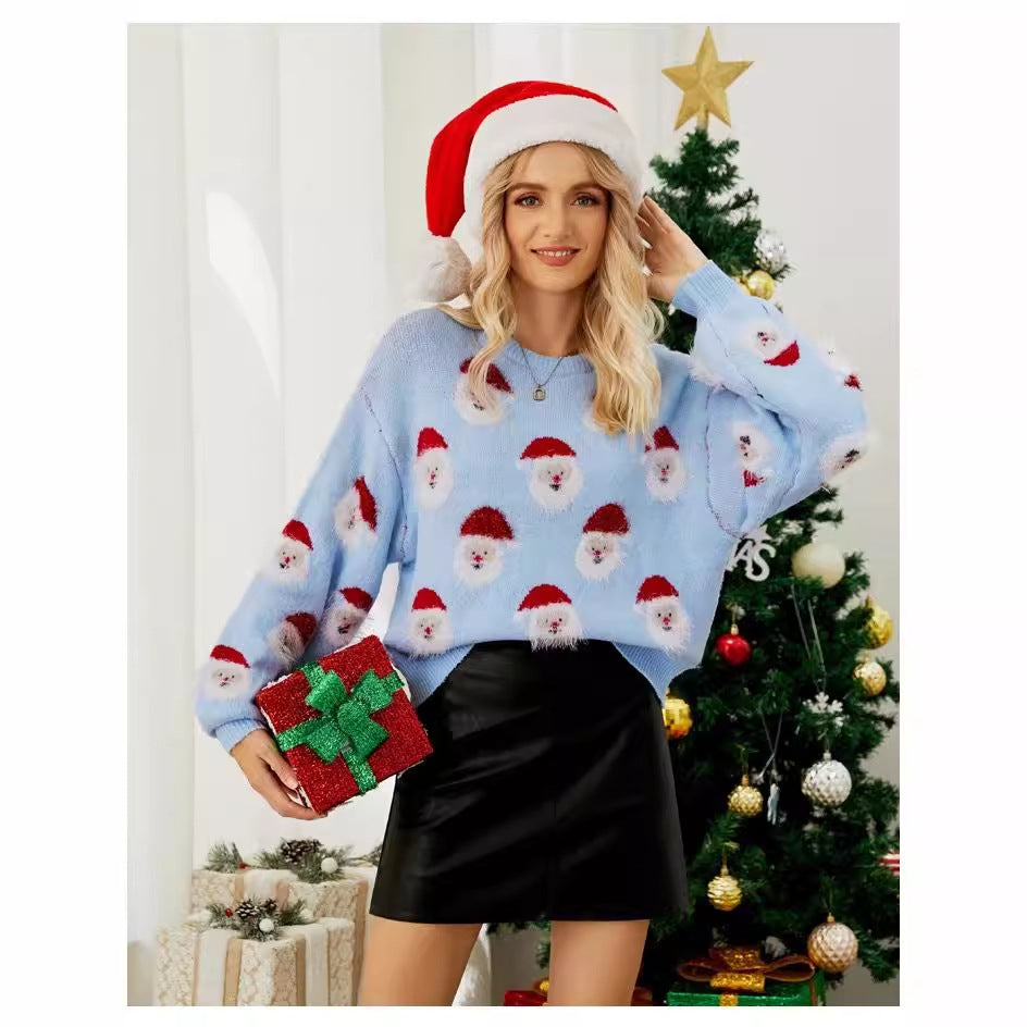 Damen festlicher Pullover mit weihnachtlichem Santa-Muster W&W Mode