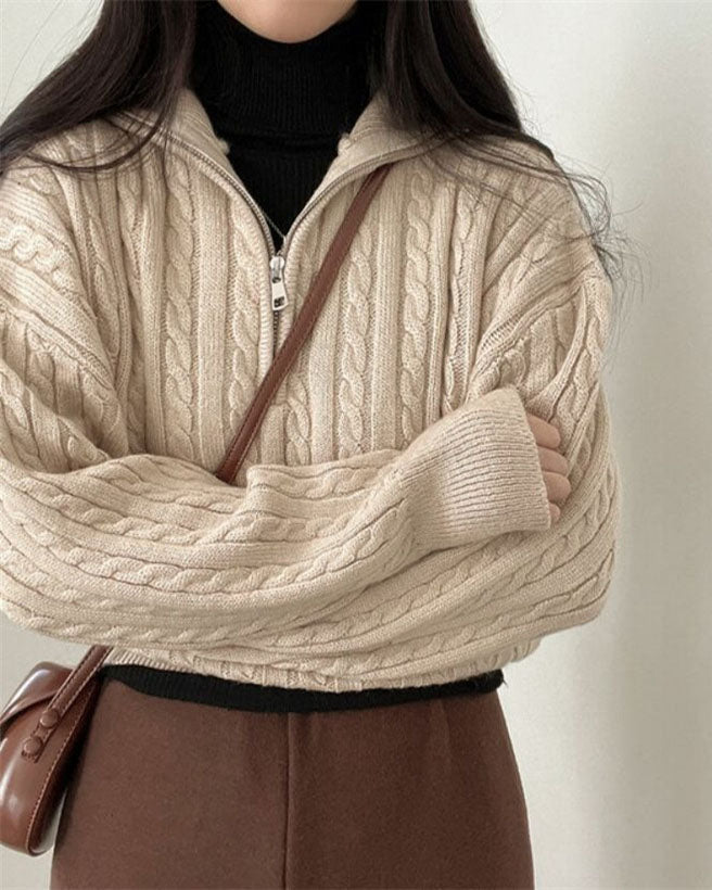 W&W Mode Vintage Rollkragen Reißverschluss Twist Strickpullover