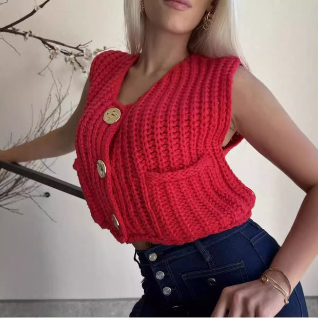 Damen Strickweste mit praktischen Taschen und dekorativen Knöpfen WW