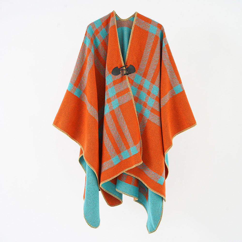 Damen Luxuriöser Geometrischer Poncho aus weichem Material mit dezenter Knopfverzierung WW