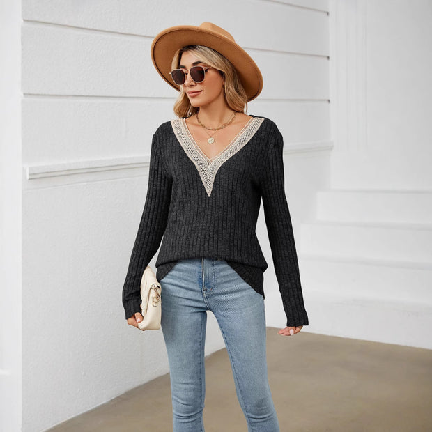 Damen Strickpullover mit V-Ausschnitt und romantischer Spitze WW