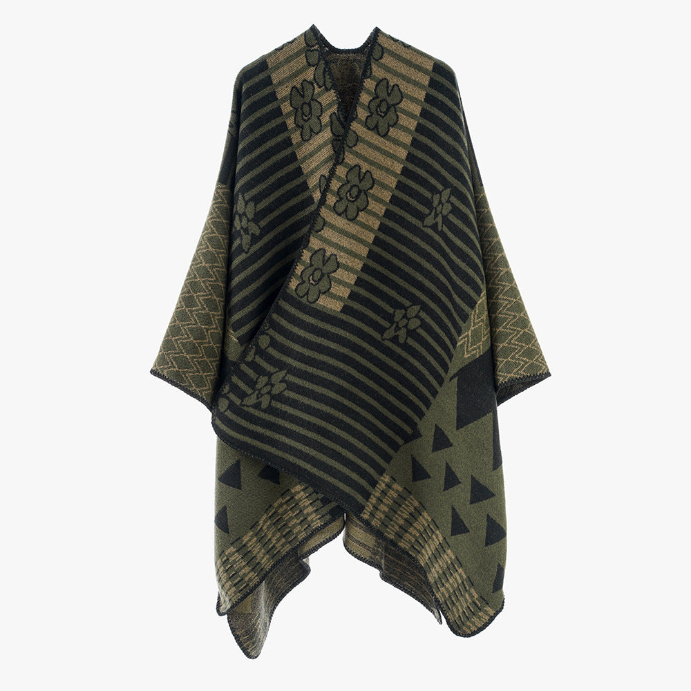 Damen Eleganter Poncho mit grafischem Muster und weichen Fransen WW