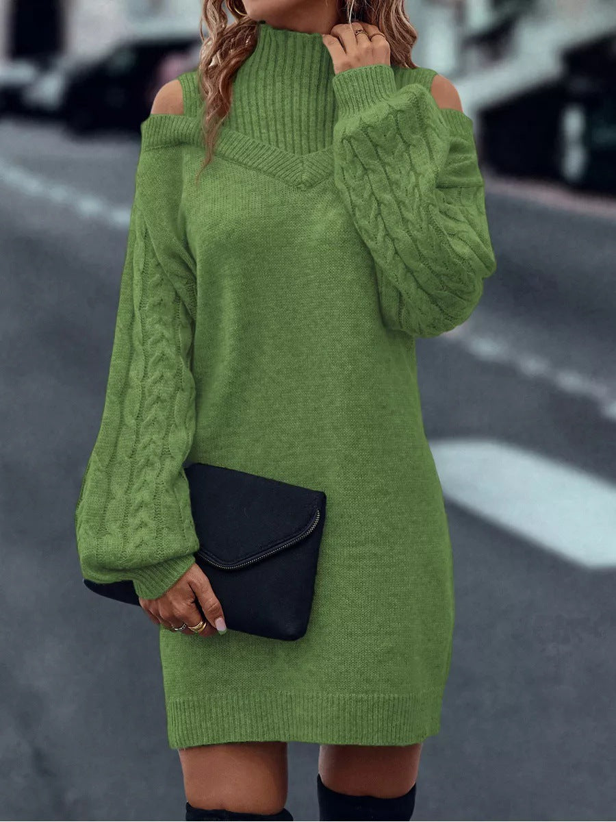 Damen Strickkleid mit hochgeschlossenem Kragen und offener Schulterpartie WW