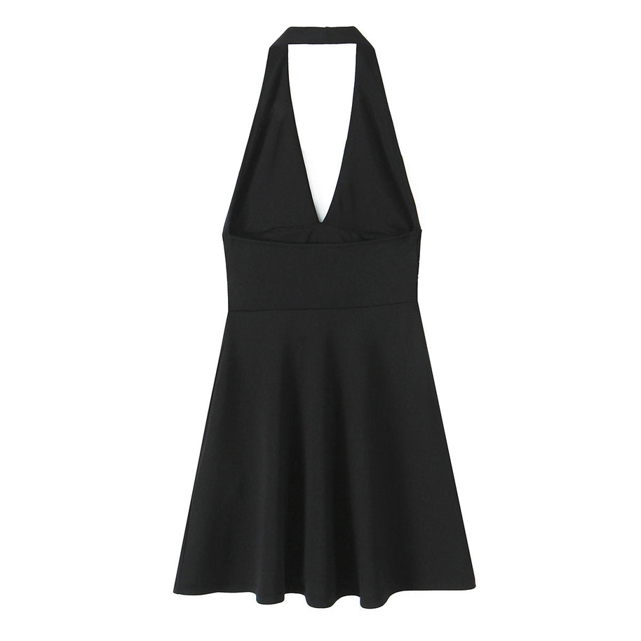 Damen Halterkleid mit tiefem V-Ausschnitt und fließendem Rock WW