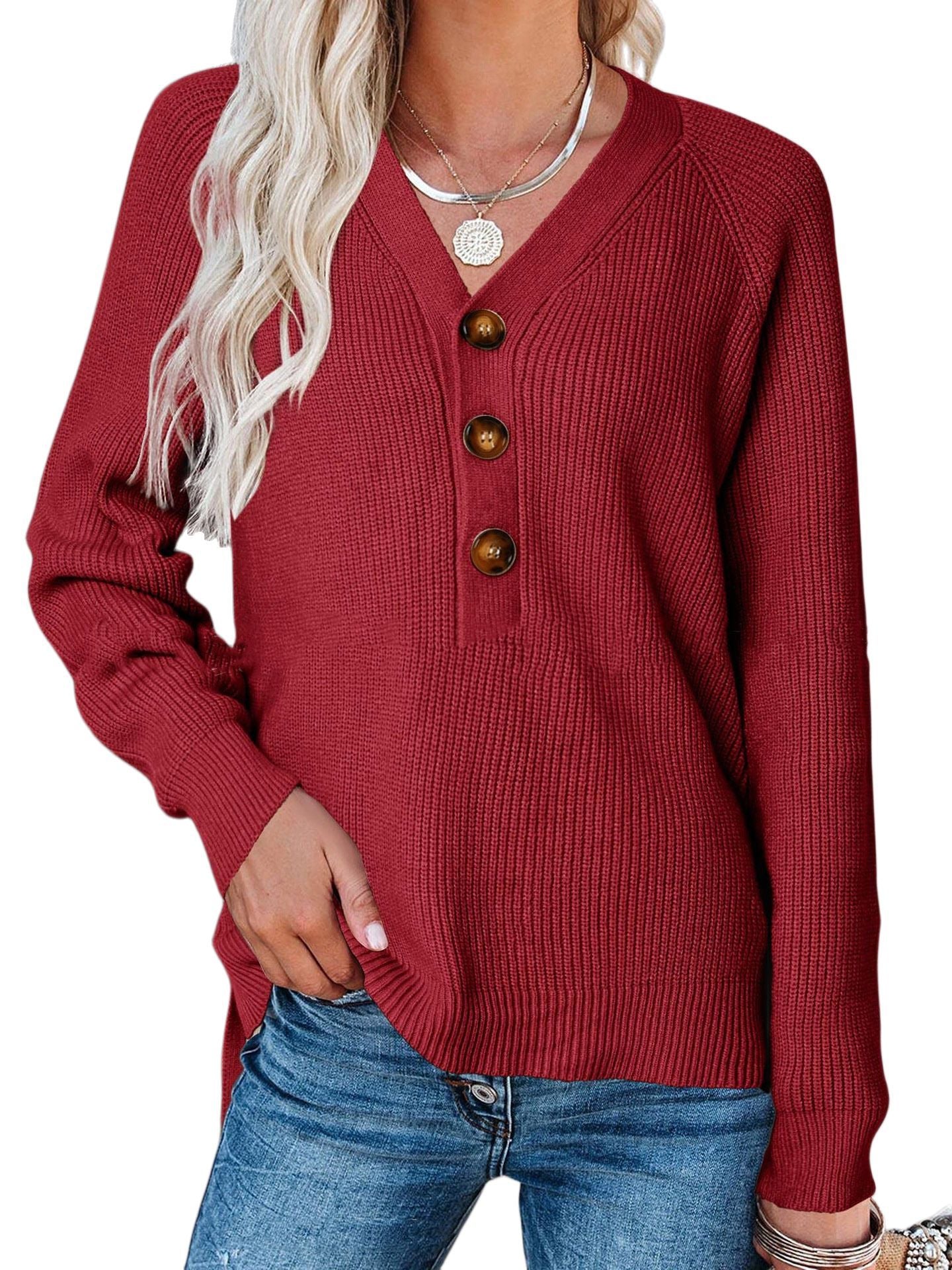 Damen Kaschmir Pullover mit V-Ausschnitt und großen Holzknöpfen WW