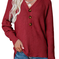 Damen Kaschmir Pullover mit V-Ausschnitt und großen Holzknöpfen WW