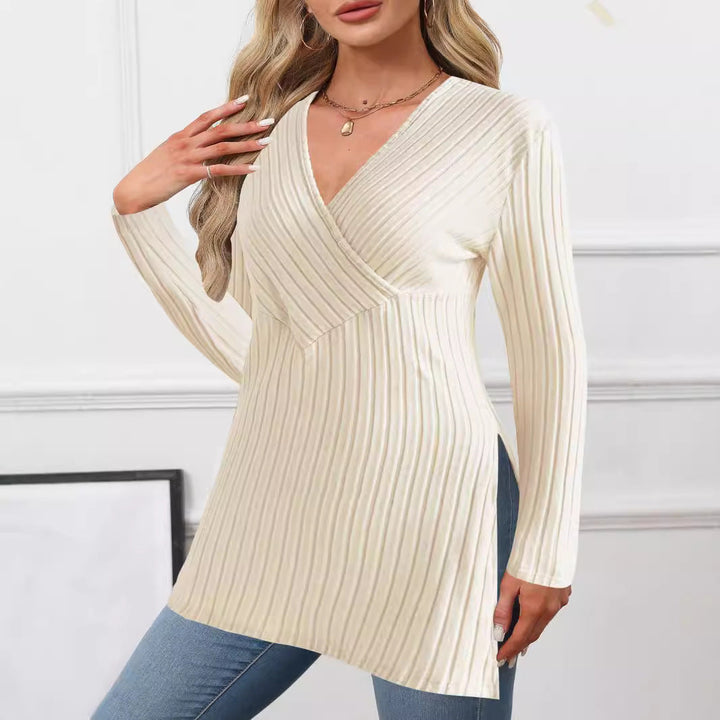 Damen elegantes Langarmshirt mit Wickeldesign und strukturierter Rippoptik W&W Mode