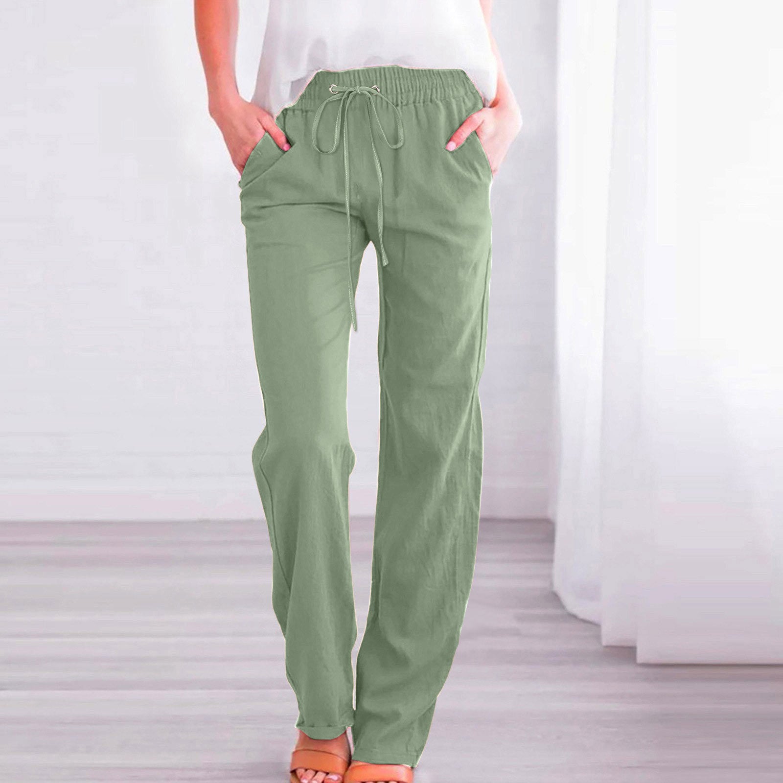 Damen Bequeme Leinen-Hose mit elastischem Bund und Taschen WW