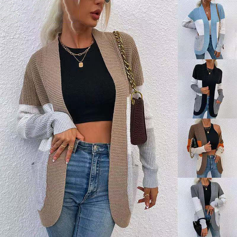 Damen Strickcardigan mit modernem Faltendesign und kontrastierenden Farben WW
