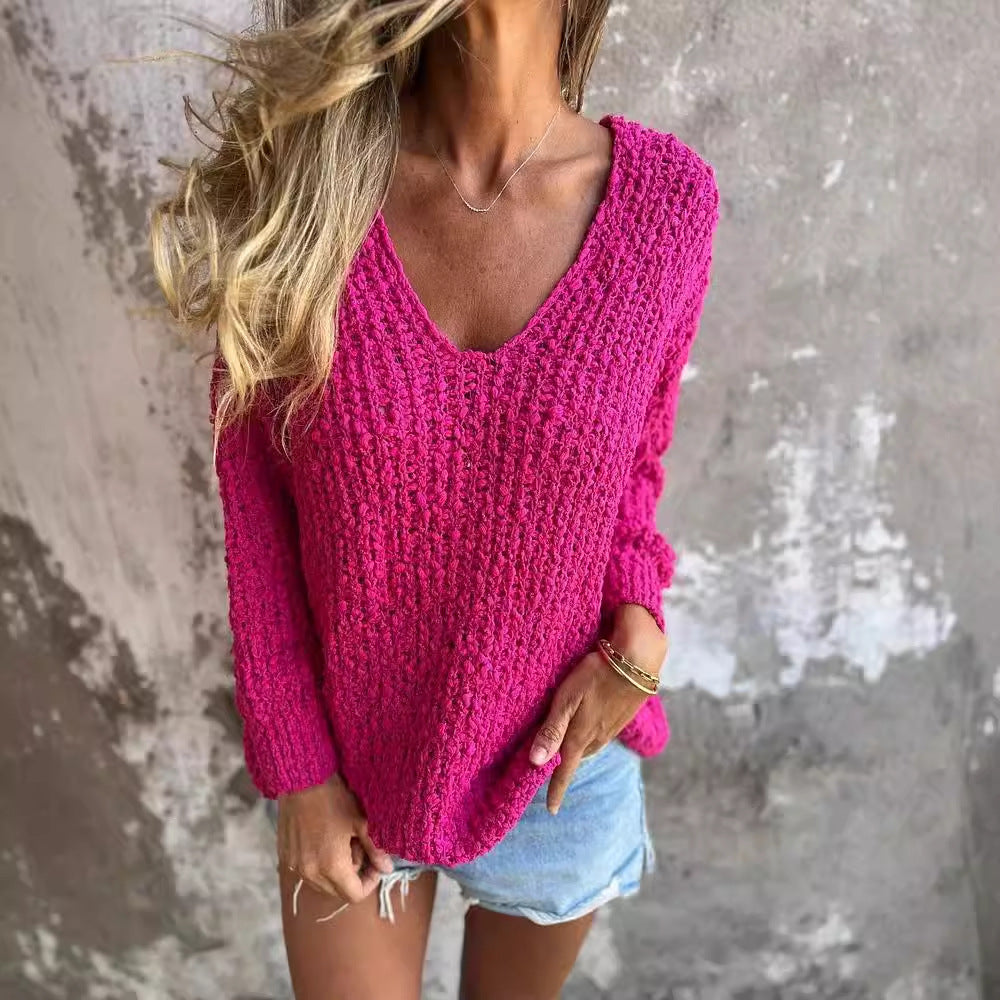 Damen Bequemes V-Ausschnitt Sweatshirt mit Struktur und langen Ärmeln WW