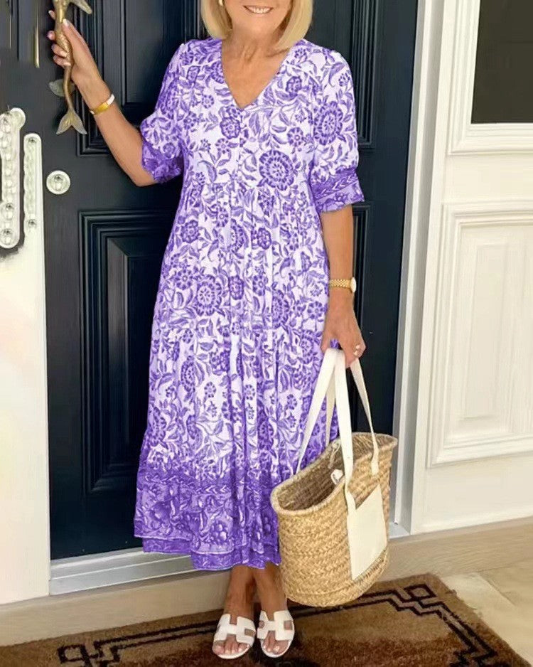 WW | Dreiviertelärmeliges langes floral gefärbtes Tie-Dye Druckkleid