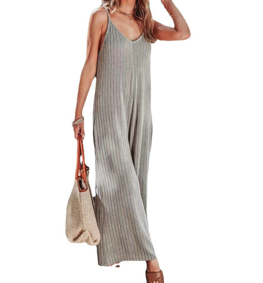 Damen Elegante Jumpsuit mit Streifenmuster und weit geschnittenen Beinen WW
