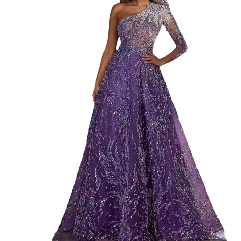 Damen Maxikleid mit asymmetrischem Oberteil und funkelnden Paillettenverzierungen W&W Mode