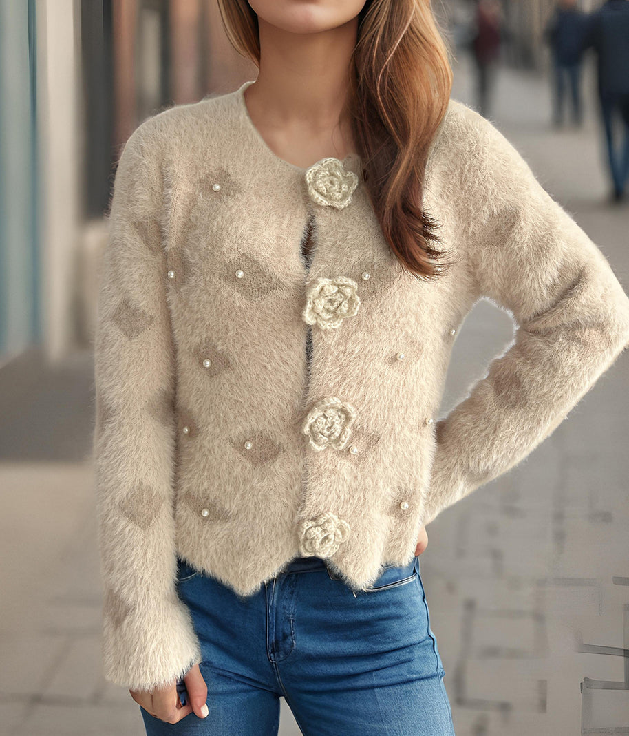 Damen Strickjacke mit floralen Applikationen und perlverzierter Detail WW