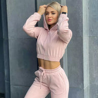Damen Sportliches Fleece-Cropped-Set mit Kapuze und elastischem Bund WW