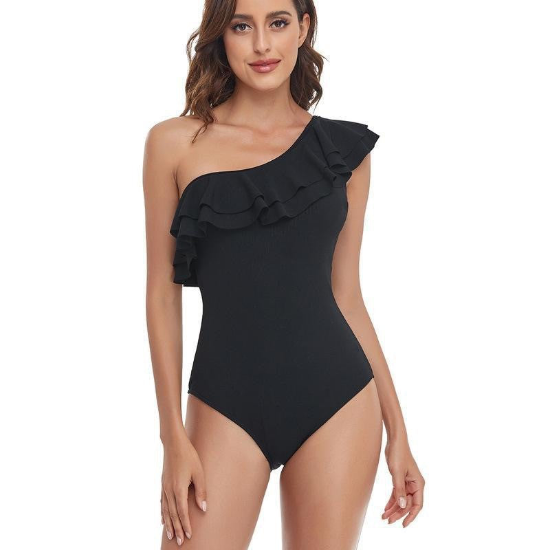 Damen Einteiler Badeanzug mit asymmetrischem Schnitt und voluminösem Rüschendetail WW