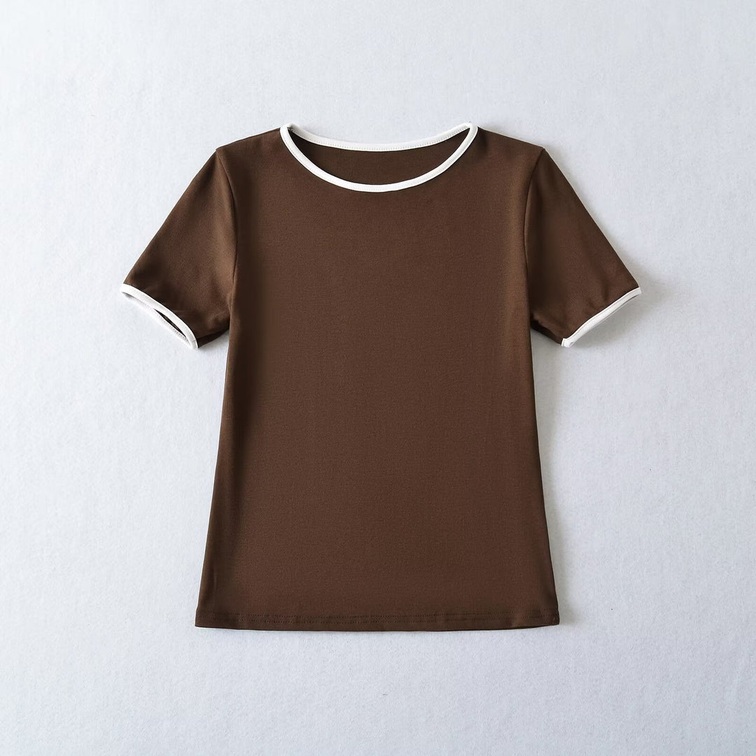 Damen klassisches T-Shirt mit kontrastierenden Ärmelabschlüssen und hochwertiger Baumwolle W&W Mode