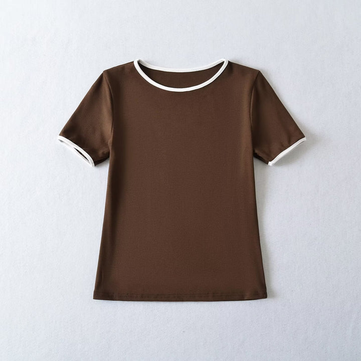 Damen klassisches T-Shirt mit kontrastierenden Ärmelabschlüssen und hochwertiger Baumwolle W&W Mode