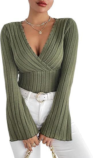 Damen Strickoberteil mit Wickeldesign und weitem Ärmel WW