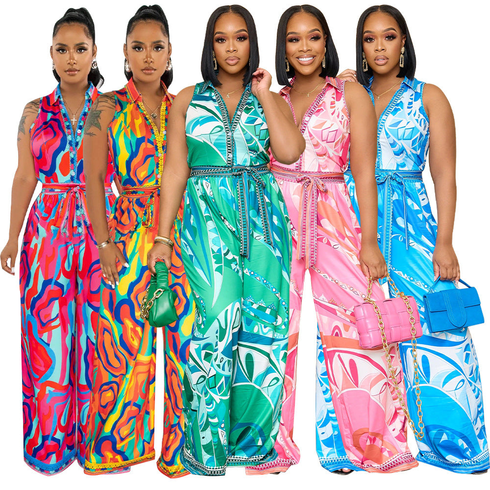 Damen Stilvoller Overall mit Taillengürtel und floralem Muster WW