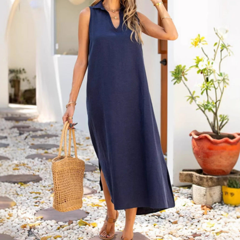 Damen ärmelloses Maxikleid mit tiefem V-Ausschnitt und seitlichen Schlitzen W&W Mode