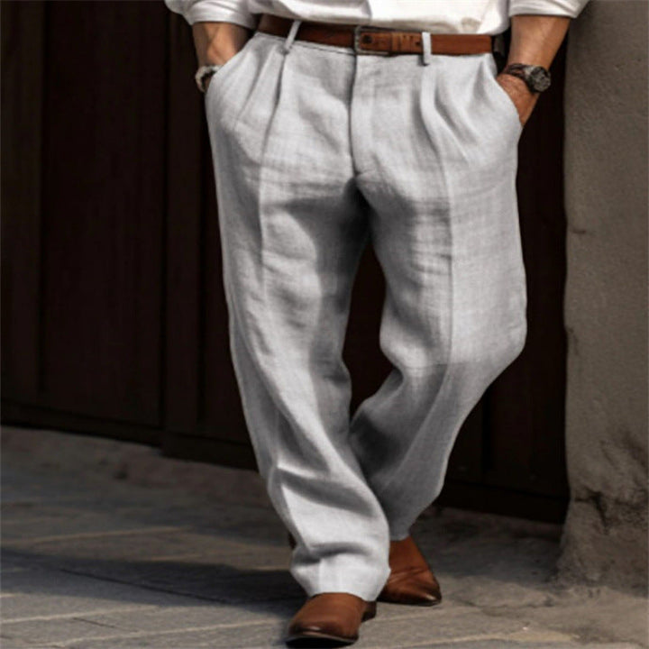 Herren elegante Leinenhose mit Falten und seitlichen Taschen W&W Mode