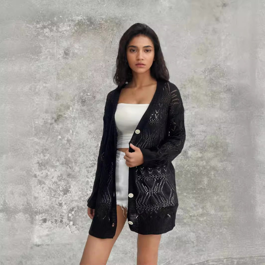 Damen Strickcardigan mit luftigen Mustern und Knopfdetails WW