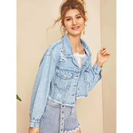 Damen cropped Jeansjacke im Vintage-Style mit lässigen Fransen und robusten Details WW