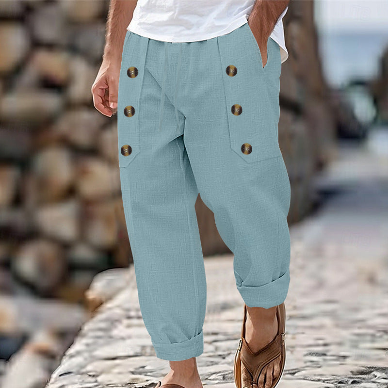 Herren lässige Leinen-Cargo-Hose mit praktischen Knöpfen und seitlichen Taschen W&W Mode