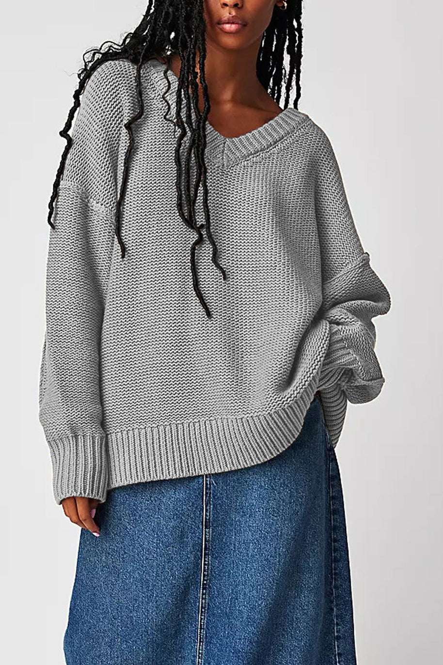 Damen V-Ausschnitt Oversized Pullover mit strukturiertem Strickmuster WW