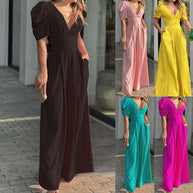 Damen Elegantes Jumpsuit mit voluminösen Puffärmeln und tiefem V-Ausschnitt WW