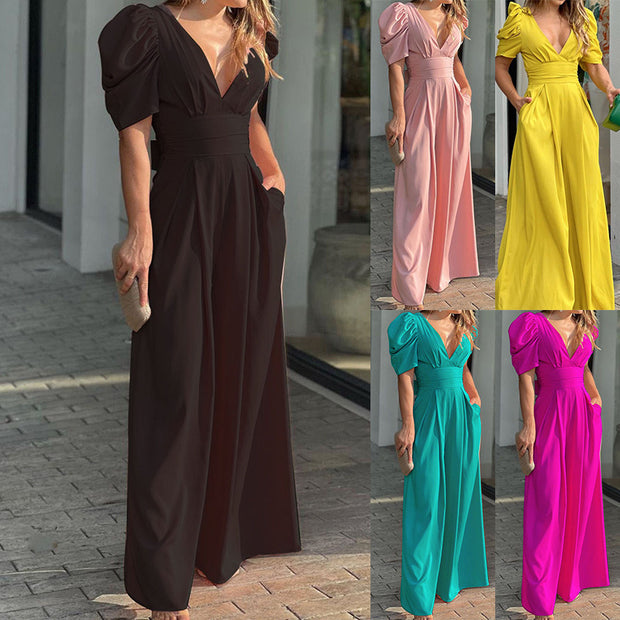 Damen Elegantes Jumpsuit mit voluminösen Puffärmeln und tiefem V-Ausschnitt WW