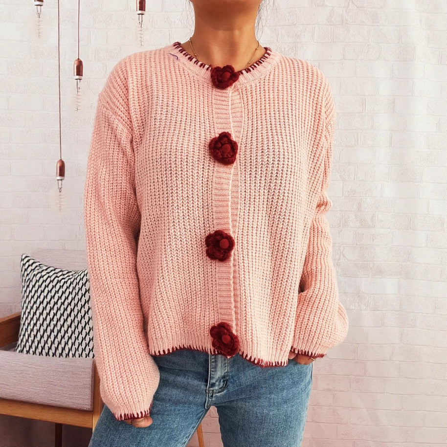 Damen Strickjacke mit floralen Knopfdetails und lässigem Schnitt WW