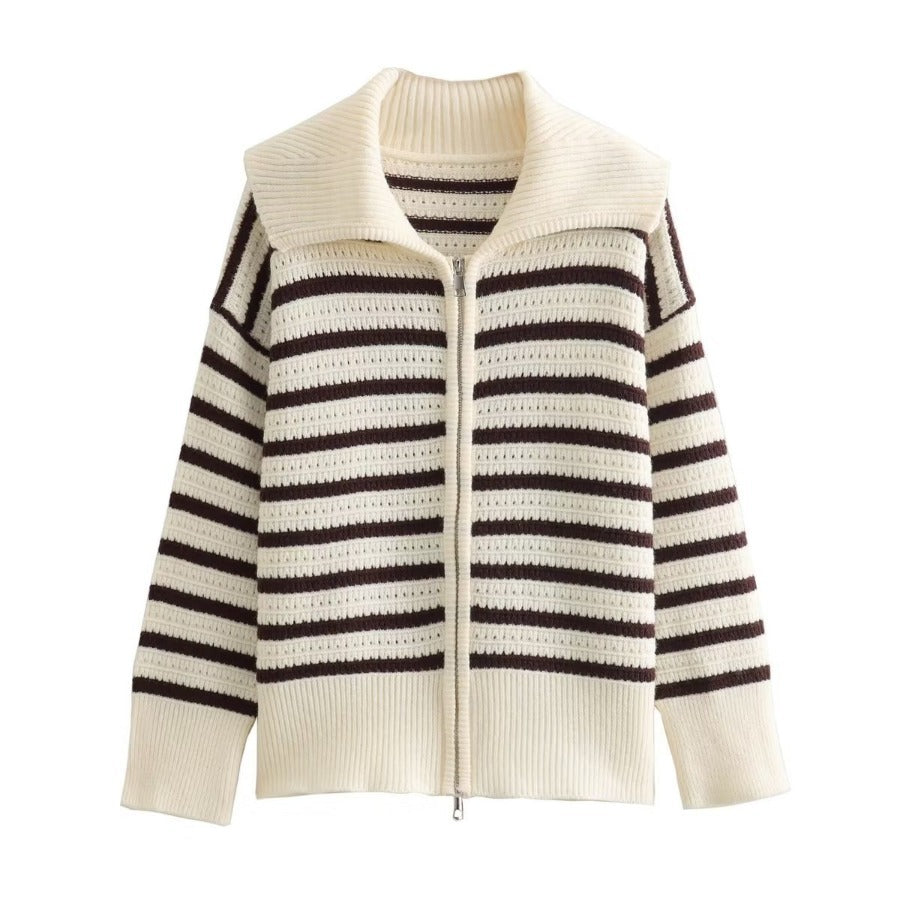 Damen gestreifte Strickjacke mit modernem Reißverschluss W&W Mode